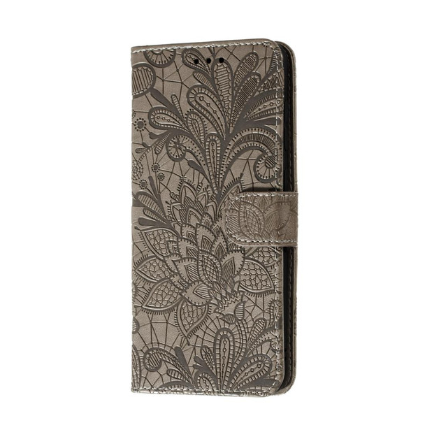 Xiaomi Redmi Note 9S Lace Flower Embossing Pattern Horizontal Flip Leather Case , with Holder & Card Slots & Wallet & Photo Frame & Lanyard(Grey)