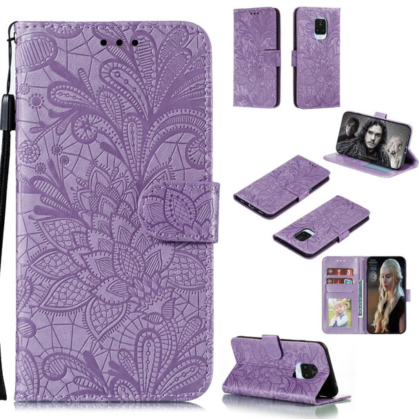 Xiaomi Redmi Note 9 Pro Lace Flower Embossing Pattern Horizontal Flip Leather Case , with Holder & Card Slots & Wallet & Photo Frame & Lanyard(Purple)