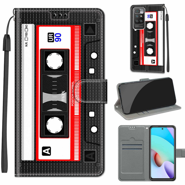 Voltage Coloured Drawing Magnetic Clasp Horizontal Flip PU Leather Case with Holder & Card Slots - Xiaomi Redmi 10(C10 Black Red Tape)