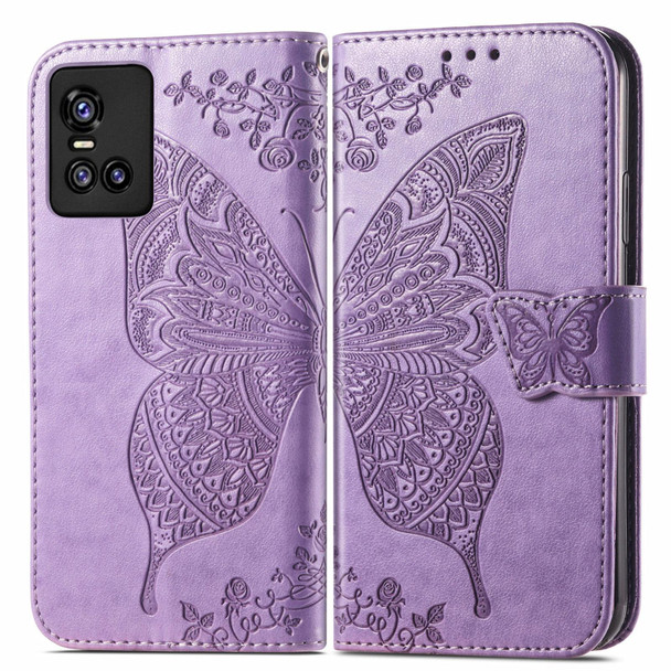 Butterfly Love Flowers Embossed Horizontal Flip Leatherette Case with Holder & Card Slots & Wallet & Lanyard - vivo S10 / S10 Pro(Light Purple)