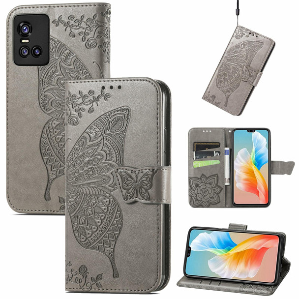 Butterfly Love Flowers Embossed Horizontal Flip Leatherette Case with Holder & Card Slots & Wallet & Lanyard - vivo S10 / S10 Pro(Gray)