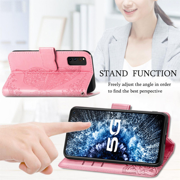 Butterfly Love Flowers Embossed Horizontal Flip Leatherette Case with Holder & Card Slots & Wallet & Lanyard - vivo IQOO Neo 3(Pink)