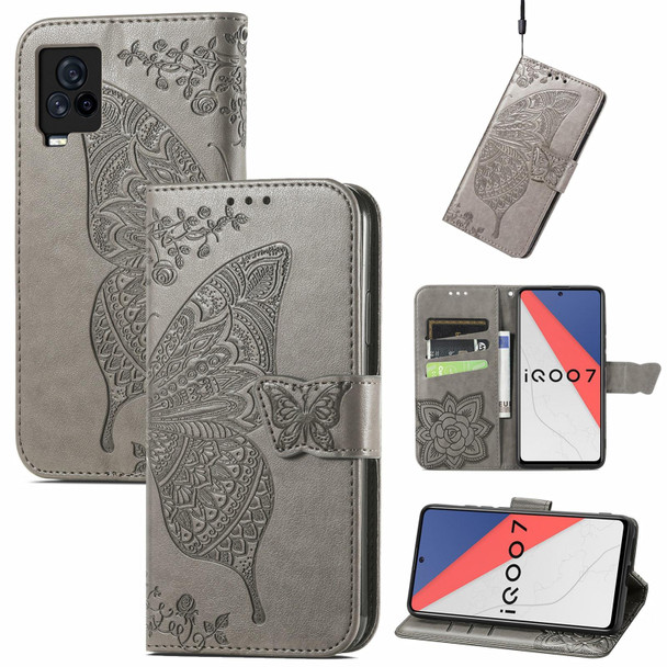 Butterfly Love Flowers Embossed Horizontal Flip Leatherette Case with Holder & Card Slots & Wallet & Lanyard - vivo IQOO 7(Gray)