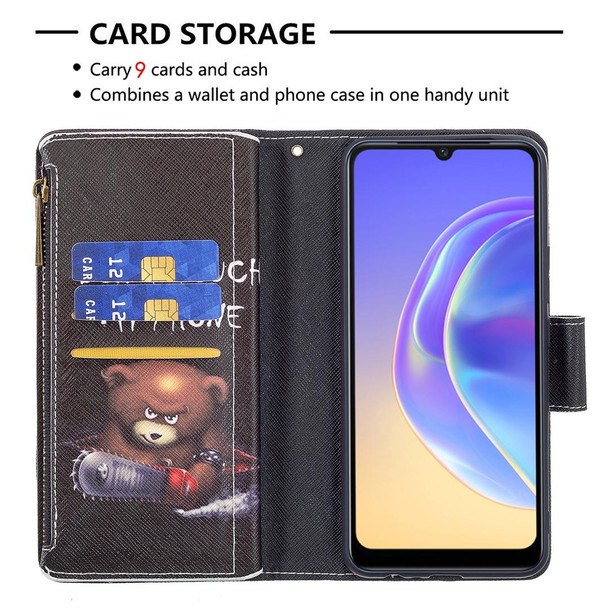 vivo V21e 4G Colored Drawing Pattern Zipper Horizontal Flip Leather Case with Holder & Card Slots & Wallet(Bear)