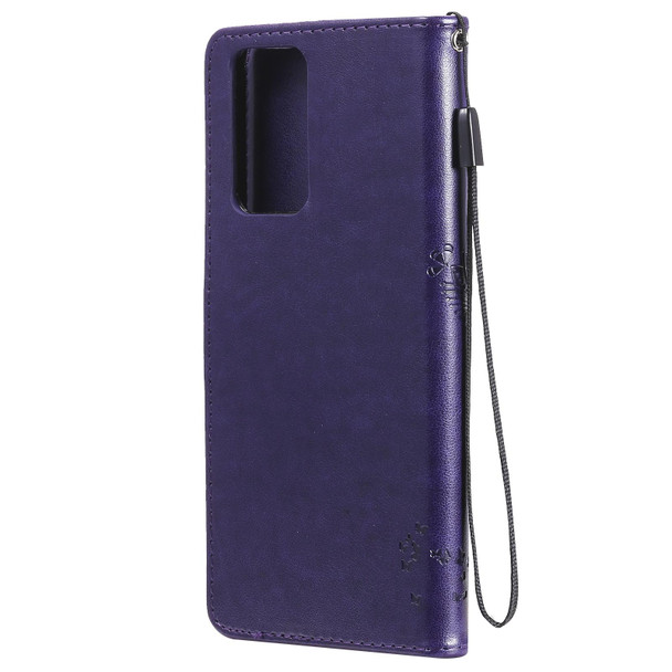 Xiaomi Redmi Note 10 Pro Tree & Cat Pattern Pressed Printing Horizontal Flip PU Leather Case with Holder & Card Slots & Wallet & Lanyard(Purple)