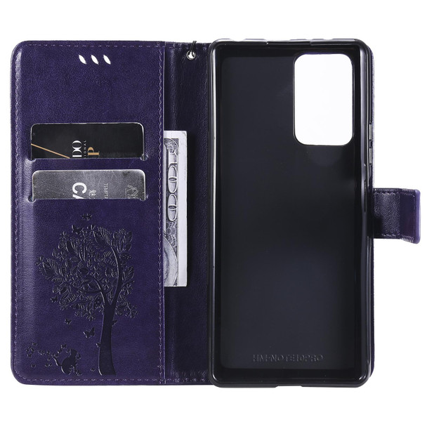 Xiaomi Redmi Note 10 Pro Tree & Cat Pattern Pressed Printing Horizontal Flip PU Leather Case with Holder & Card Slots & Wallet & Lanyard(Purple)