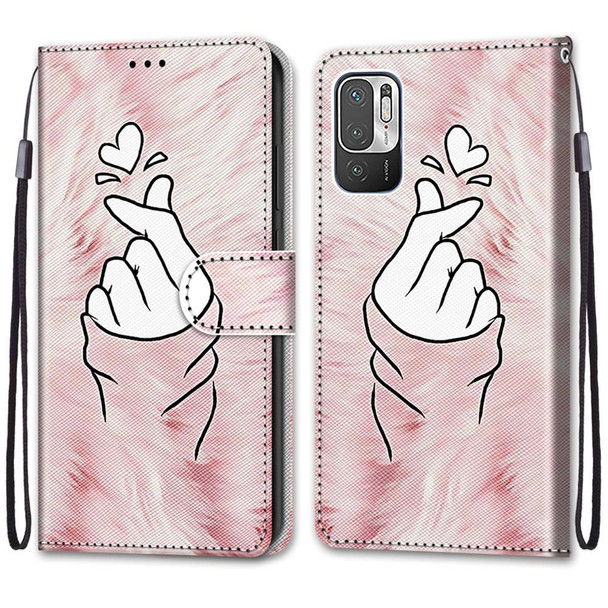 Xiaomi Redmi Note 10 5G Coloured Drawing Cross Texture Horizontal Flip PU Leather Case with Holder & Card Slots & Wallet & Lanyard(Pink Hands Heart)