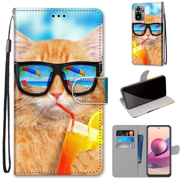 Xiaomi Redmi Note 10 4G / Note 10s Coloured Drawing Cross Texture Horizontal Flip PU Leather Case with Holder & Card Slots & Wallet & Lanyard(Cat Drinking Soda)