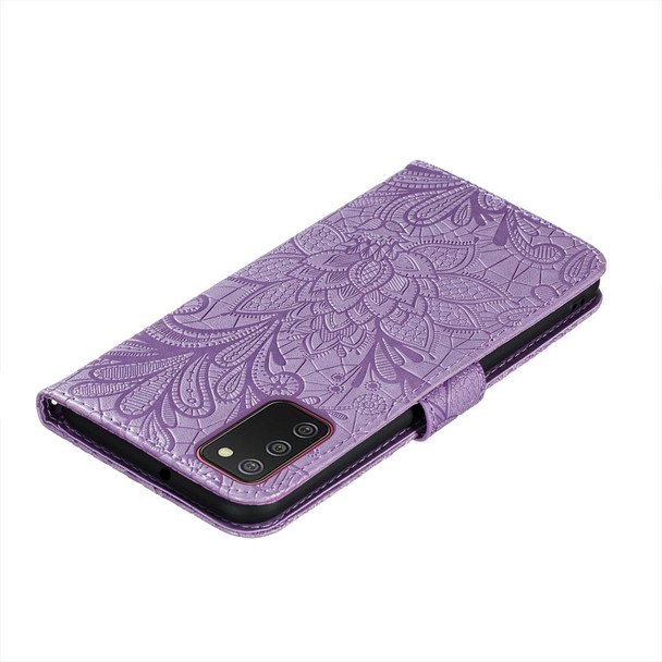 Xiaomi Redmi 9T / Poco M3 Lace Flower Embossing Pattern Horizontal Flip Leather Case with Holder & Card Slots & Wallet & Photo Frame(Purple)