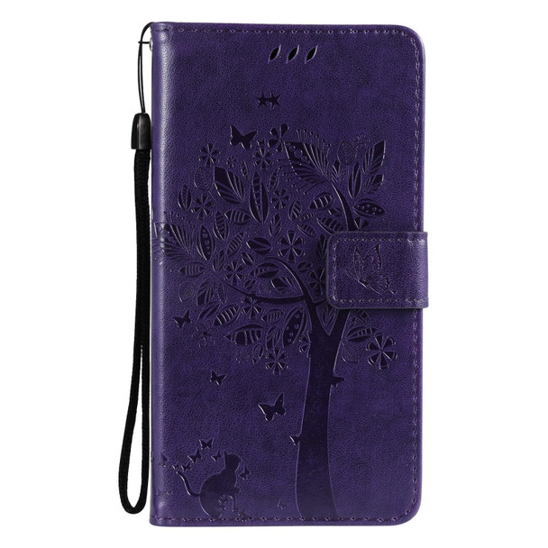 Xiaomi Redmi Note 9 5G Tree & Cat Pattern Pressed Printing Horizontal Flip PU Leather Case with Holder & Card Slots & Wallet & Lanyard(Purple)