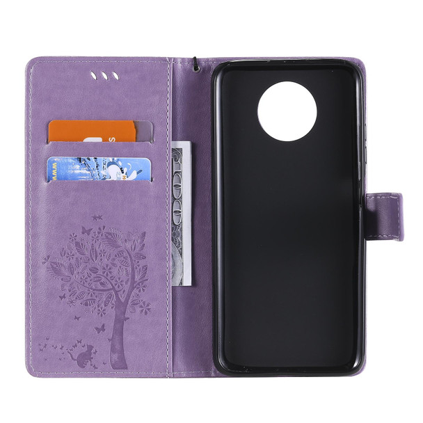 Xiaomi Redmi Note 9 5G Tree & Cat Pattern Pressed Printing Horizontal Flip PU Leather Case with Holder & Card Slots & Wallet & Lanyard(Light Purple)