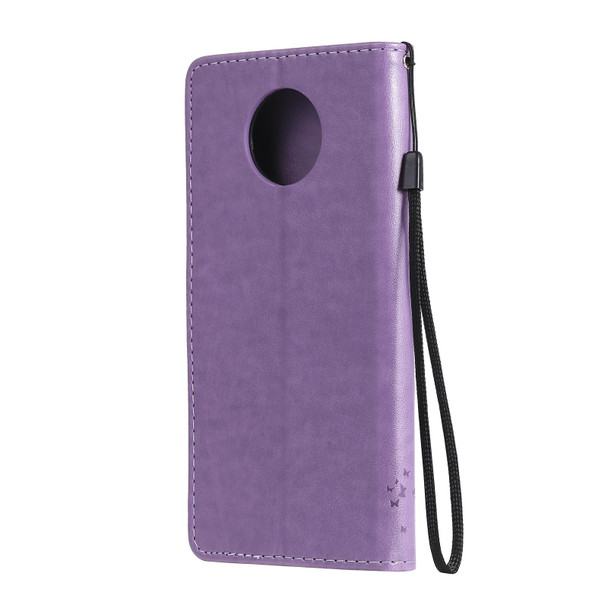 Xiaomi Redmi Note 9 5G Tree & Cat Pattern Pressed Printing Horizontal Flip PU Leather Case with Holder & Card Slots & Wallet & Lanyard(Light Purple)