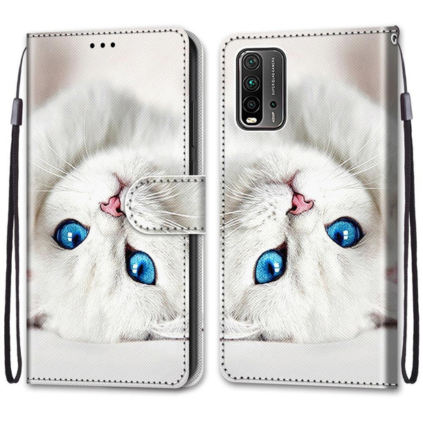 Xiaomi Redmi Note 9 4G / 9 Power Coloured Drawing Cross Texture Horizontal Flip PU Leather Case with Holder & Card Slots & Wallet & Lanyard(White Kitten)