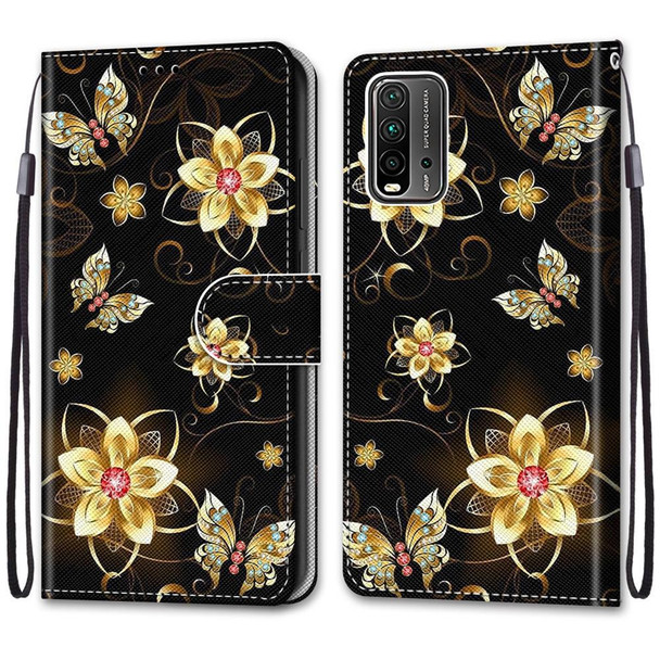 Xiaomi Redmi Note 9 4G / 9 Power Coloured Drawing Cross Texture Horizontal Flip PU Leather Case with Holder & Card Slots & Wallet & Lanyard(Gold Diamond Butterfly)