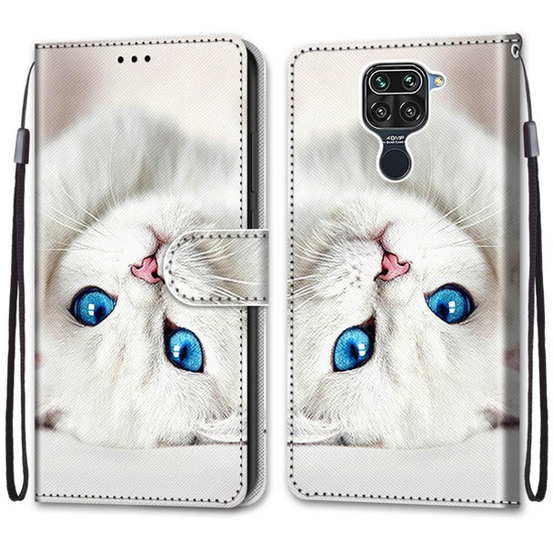 Xiaomi Redmi 10X 4G / Note 9 Coloured Drawing Cross Texture Horizontal Flip PU Leather Case with Holder & Card Slots & Wallet & Lanyard(White Kitten)