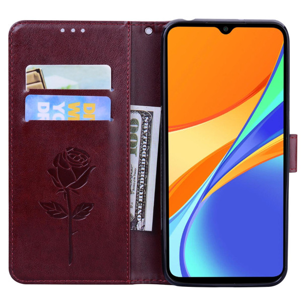 Xiaomi Redmi 9C Rose Embossed Horizontal Flip PU Leather Case with Holder & Card Slots & Wallet(Brown)