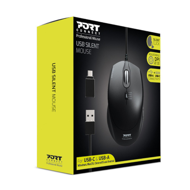 Port Connect Wired USB|Type-C 3600DPI Mouse - Black