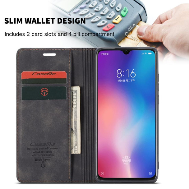 CaseMe-013 Multi-functional Retro Frosted Horizontal Flip Leatherette Case with Card Slot & Holder & Wallet - Xiaomi Mi 9(Black)