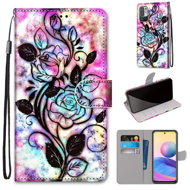 Xiaomi Redmi Note 10 5G Coloured Drawing Cross Texture Horizontal Flip PU Leather Case with Holder & Card Slots & Wallet & Lanyard(Color Bottom Hollow Flower)