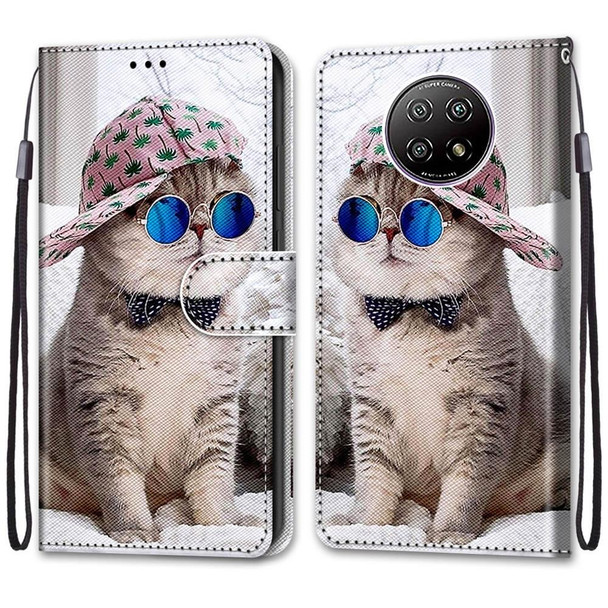 Xiaomi Redmi Note 9 5G / Note 9T Coloured Drawing Cross Texture Horizontal Flip PU Leather Case with Holder & Card Slots & Wallet & Lanyard(Slant Hat Blue Mirror Cat)