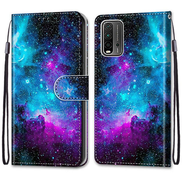 Xiaomi Redmi 9 Power / Note 9 4G Coloured Drawing Cross Texture Horizontal Flip PU Leather Case with Holder & Card Slots & Wallet & Lanyard(Purple Green Starry Sky)