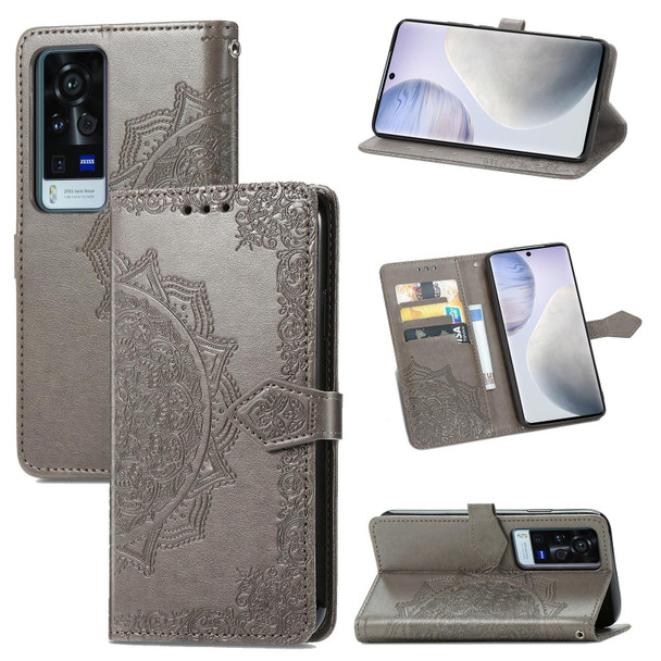 Halfway Mandala Embossing Pattern Horizontal Flip Leather Case with Holder & Card Slots & Wallet & Lanyard - vivo X60 Pro(Grey)