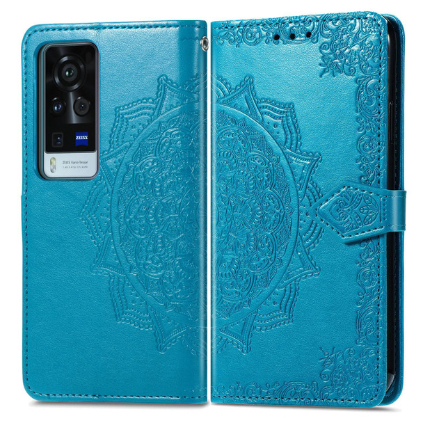 Halfway Mandala Embossing Pattern Horizontal Flip Leather Case with Holder & Card Slots & Wallet & Lanyard - vivo X60 Pro(Blue)