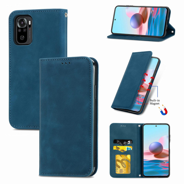 Xiaomi Redmi Note 10 4G Retro Skin Feel Business Magnetic Horizontal Flip Leather Case with Holder & Card Slots & Wallet & Photo Frame(Blue)