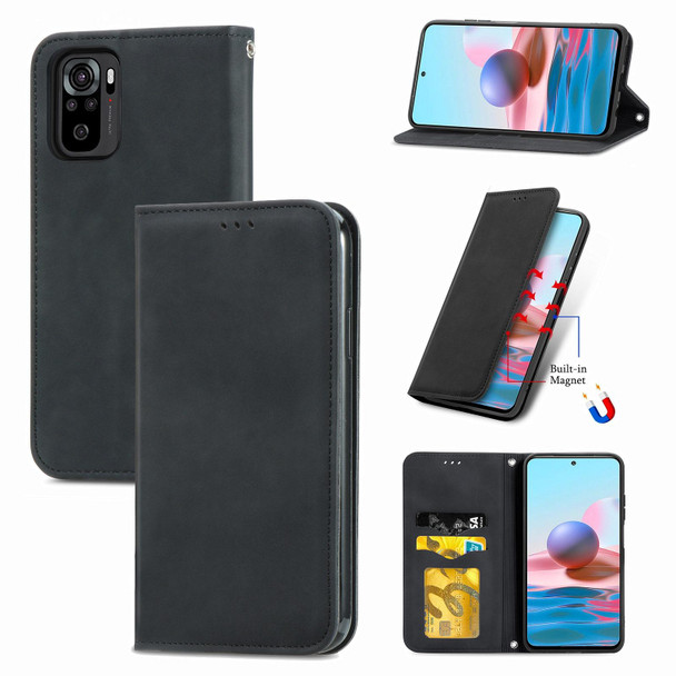 Xiaomi Redmi Note 10 4G Retro Skin Feel Business Magnetic Horizontal Flip Leather Case with Holder & Card Slots & Wallet & Photo Frame(Black)