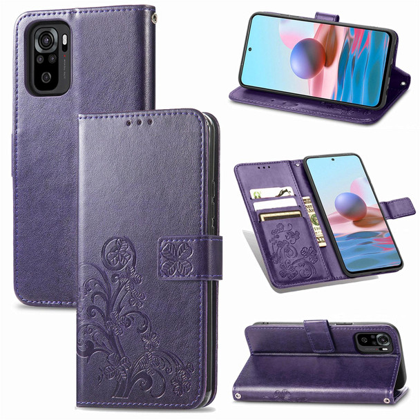 Xiaomi Redmi Note 10 4G Four-leaf Clasp Embossed Buckle Mobile Phone Protection Leather Case with Lanyard & Card Slot & Wallet & Bracket Function(Purple)