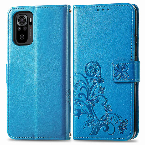 Xiaomi Redmi Note 10 4G Four-leaf Clasp Embossed Buckle Mobile Phone Protection Leather Case with Lanyard & Card Slot & Wallet & Bracket Function(Blue)