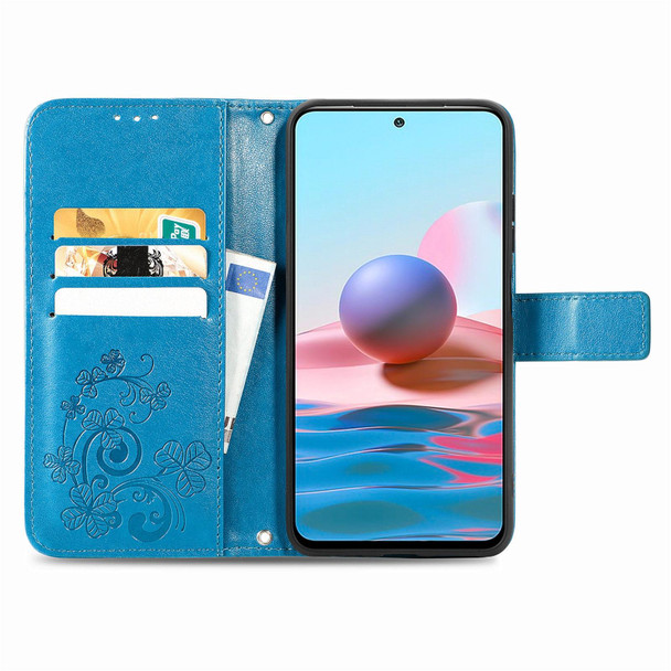 Xiaomi Redmi Note 10 4G Four-leaf Clasp Embossed Buckle Mobile Phone Protection Leather Case with Lanyard & Card Slot & Wallet & Bracket Function(Blue)