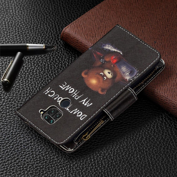 Xiaomi Redmi Note 9 Colored Drawing Pattern Zipper Horizontal Flip Leather Case with Holder & Card Slots & Wallet(Bear)