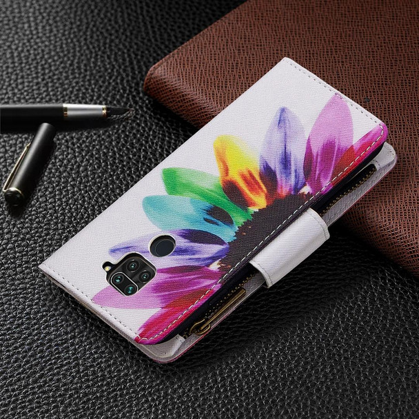 Xiaomi Redmi Note 9 Colored Drawing Pattern Zipper Horizontal Flip Leather Case with Holder & Card Slots & Wallet(Sun Flower)