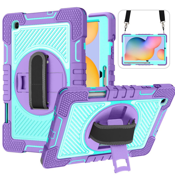 Samsung Galaxy Tab S6 Lite P610/P615 360 Degree Rotation Contrast Color Shockproof Silicone + PC Case with Holder & Hand Grip Strap & Shoulder Strap(Purple + Mint Green)