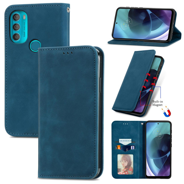 Motorola Moto G71 5G Retro Skin Feel Magnetic Horizontal Flip Leather Phone Case(Blue)