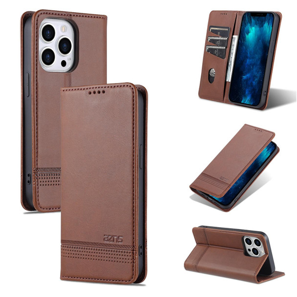 AZNS Magnetic Calf Texture Flip Leatherette Phone Case - iPhone 14 Pro(Dark Brown)