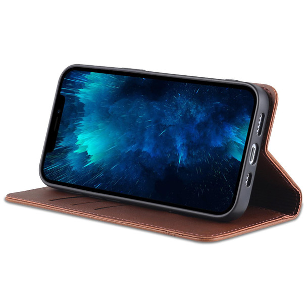 AZNS Magnetic Calf Texture Flip Leatherette Phone Case - iPhone 14 Pro(Dark Brown)