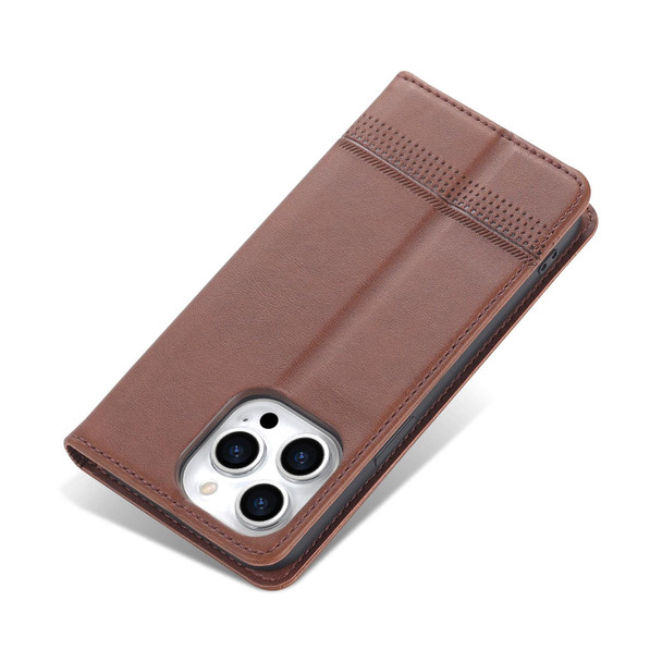 AZNS Magnetic Calf Texture Flip Leatherette Phone Case - iPhone 14 Pro(Dark Brown)