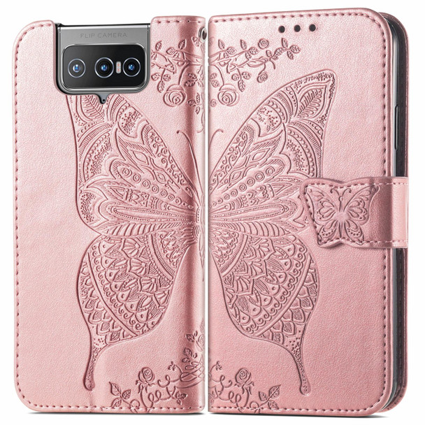 Asus Zenfone 8 Flip Butterfly Love Flower Embossed Horizontal Flip Leatherette Case with Holder & Card Slots & Wallet & Lanyard(Rose Gold)