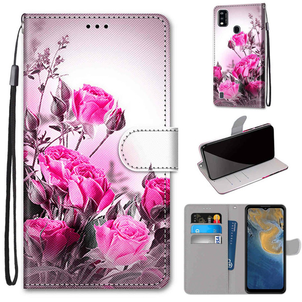 ZTE Blade A51 Coloured Drawing Cross Texture Horizontal Flip PU Leather Case with Holder & Card Slots & Wallet & Lanyard(Wild Rose)