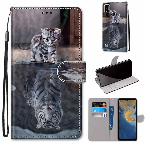 ZTE Blade A51 Coloured Drawing Cross Texture Horizontal Flip PU Leather Case with Holder & Card Slots & Wallet & Lanyard(Cat Becomes Tiger)