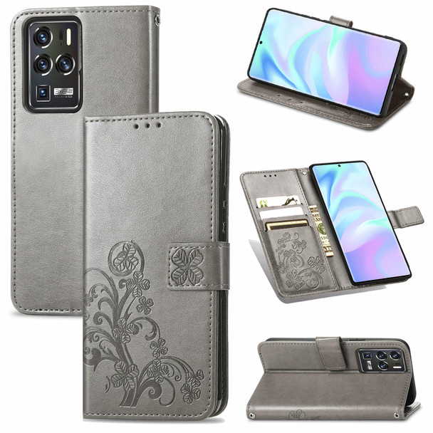 ZTE Axon 30 Ultra 5G Four-leaf Clasp Embossed Buckle Mobile Phone Protection Leather Case with Lanyard & Card Slot & Wallet & Bracket Function(Gray)