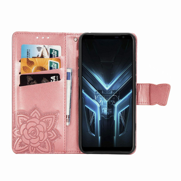 Asus ROG Phone 3 ZS661KS Butterfly Love Flower Embossed Horizontal Flip Leatherette Case with Bracket / Card Slot / Wallet / Lanyard(Rose Gold)