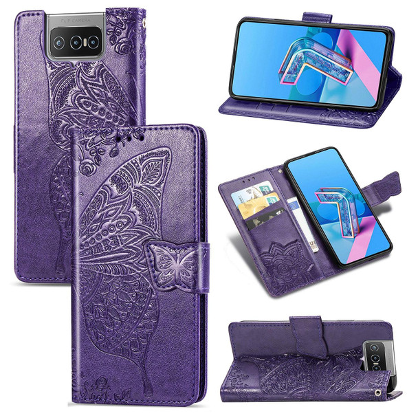 Asus Zenfone 7 Pro ZS671KS Butterfly Love Flower Embossed Horizontal Flip Leatherette Case with Bracket / Card Slot / Wallet / Lanyard(Dark Purple)