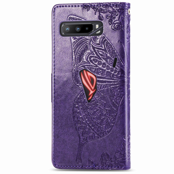 Asus ROG Phone 3 ZS661KS Butterfly Love Flower Embossed Horizontal Flip Leatherette Case with Bracket / Card Slot / Wallet / Lanyard(Dark Purple)