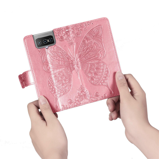 Asus Zenfone 7 Pro ZS671KS Butterfly Love Flower Embossed Horizontal Flip Leatherette Case with Bracket / Card Slot / Wallet / Lanyard(Pink)