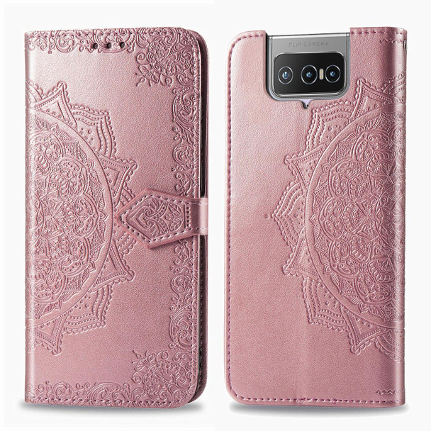 Asus Zenfone 7 Pro ZS671KS Mandala Flower Embossed Horizontal Flip Leatherette Case with Bracket / Card Slot / Wallet / Lanyard(Rose Gold)