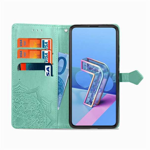 Asus Zenfone 7 Pro ZS671KS Mandala Flower Embossed Horizontal Flip Leatherette Case with Bracket / Card Slot / Wallet / Lanyard(Green)