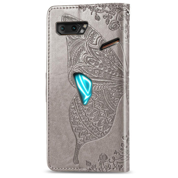 Asus ROG Phone II 2 ZS660K Butterfly Love Flowers Embossing Horizontal Flip Leatherette Case with Holder & Card Slots & Wallet & Lanyard(Gray)